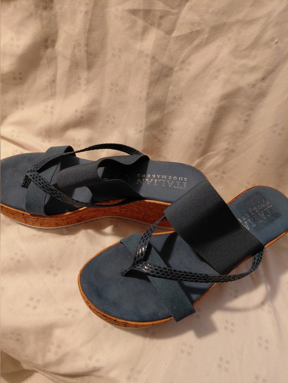 Italian Shoemakers Navy Cork-Wedge Slide Sandals with Textured Straps